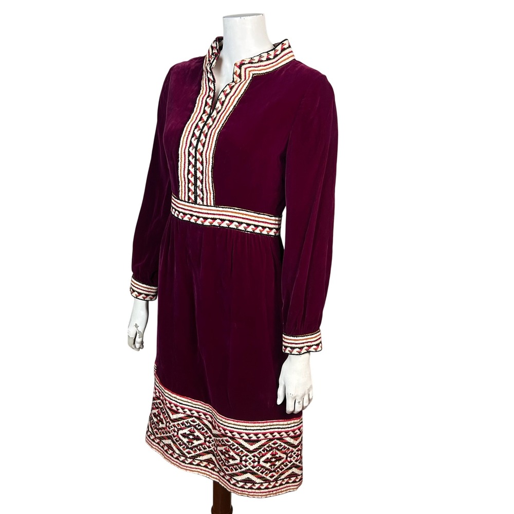 Vintage Pat Sandler Velvet Dress Small‎ 60s Embroidered Boho Folk Midcentury Red